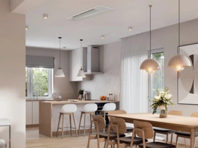 Climatizzatore a cassetta da soffitto installato in soggiorno moderno, per climatizzazione efficiente e uniforme in Ticino – Frigo Control
