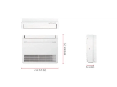 Climatizzatore a pavimento MFZ-KT con specifiche dimensioni in millimetri, ideale per installazioni residenziali in Ticino – Frigo Control
