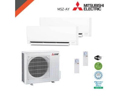 Climatizzatore linea PLUS Mitsubishi AY Dual Split con unità esterna e due unità interne bianche, telecomandi inclusi – Frigo Control Ticino