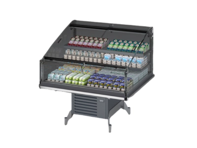 Isola refrigerata compatta con vetrina inclinata per esposizione di latticini e prodotti freschi confezionati, ideale per supermercati in Ticino – Frigo Control