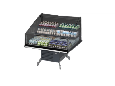 Isola refrigerata compatta con vetrina inclinata nera per esposizione di latticini e prodotti freschi confezionati, adatta a supermercati e negozi in Ticino – Frigo Control