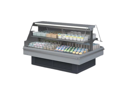 Isola refrigerata con vetrina frontale per esposizione di latticini, uova e prodotti freschi confezionati, ideale per supermercati in Ticino – Frigo Control