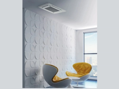 Climatizzatore a cassetta bianco installato a soffitto in stanza moderna, per climatizzazione uniforme in Ticino – Frigo Control